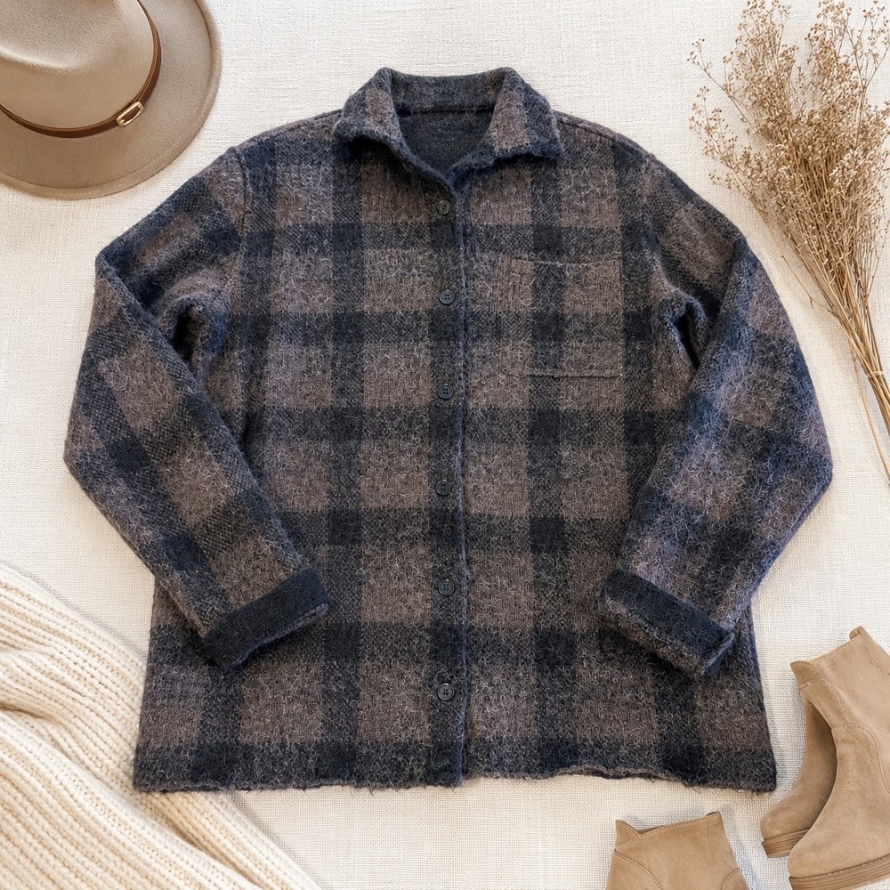 All Saints Men's Plaid Button-Up Cardigan Jacket in Gray and Brown